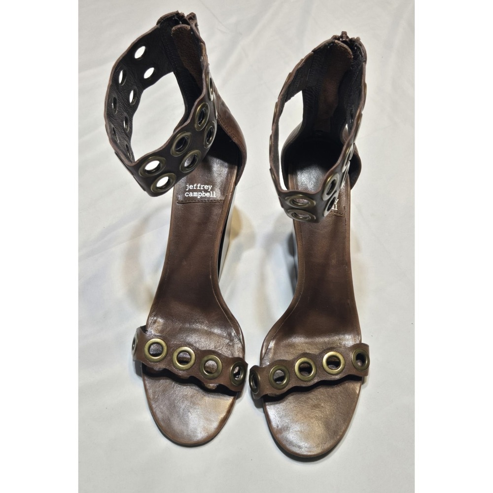 Jeffrey Campbell Julienne Ankle Strap Sandals Brown Leather Block Heel Sz 11 Zip